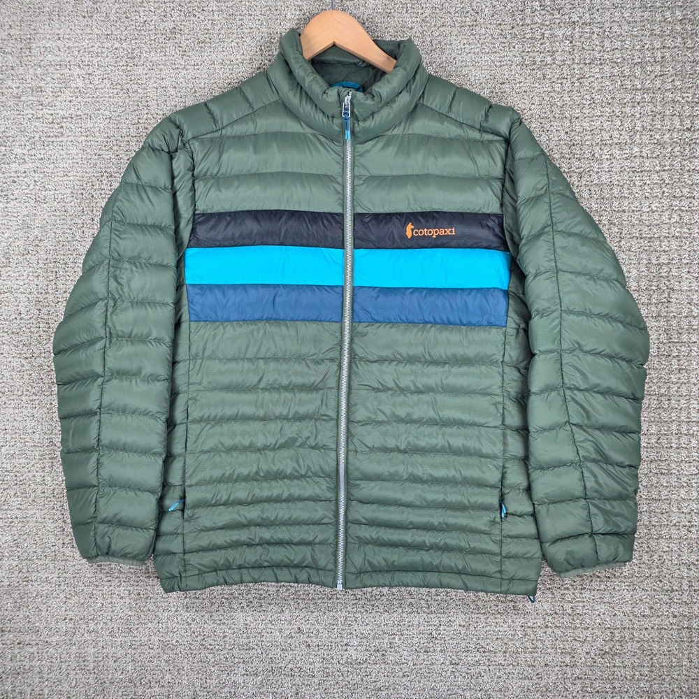 Cotopaxi Fuego Down Puffer Jacket Mens XL Green Blue Stripe Hoodless Insulated